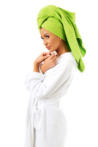 浴衣和毛巾在头上的女人
