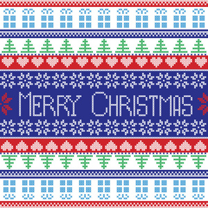 红色 蓝色 绿色和白色圣诞图案与装饰元素树，花，圣诞礼物在斯堪的纳维亚风格十字绣