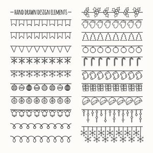 一整套 2016年圣诞季节手绘制的矢量线条型边框和素描涂鸦冬季设计图形元素。新的一年刷设计。插图。时尚涂鸦风格。剪贴簿装饰