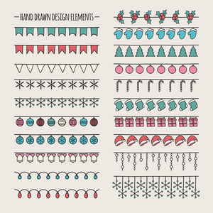 一整套 2016年圣诞季节手绘制的矢量线条型边框和素描涂鸦冬季设计图形元素。新的一年刷设计。插图。时尚涂鸦风格。剪贴簿装饰