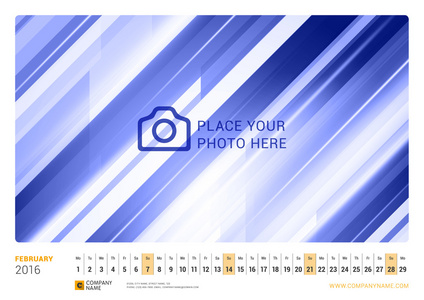 墙线月历为 2016 年。矢量设计打印模板。横向打印。2016 年 2 月