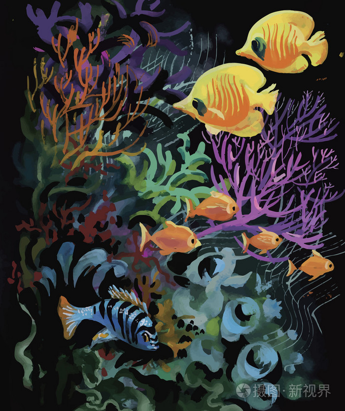 水彩海洋生活背景与热带鱼