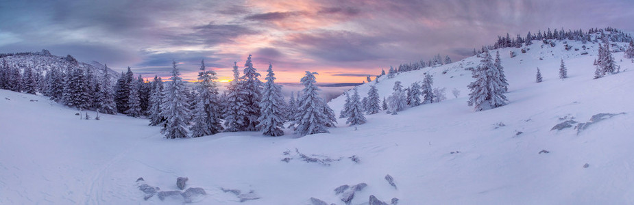 日出时的冬季全景景观。