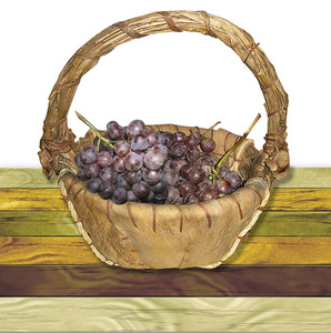 在一张木制的格子破桌子上放着红葡萄的篮子