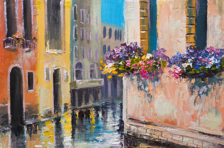 运河在威尼斯，意大利，著名旅游胜地 多彩印象派油画