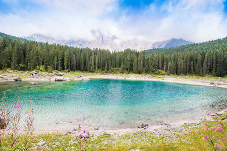 美丽的景色的湖 Karersee 在意大利