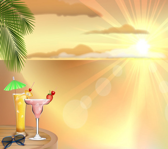 日落海滩与饮料