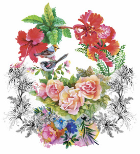 水彩手绘图案与热带夏季花卉
