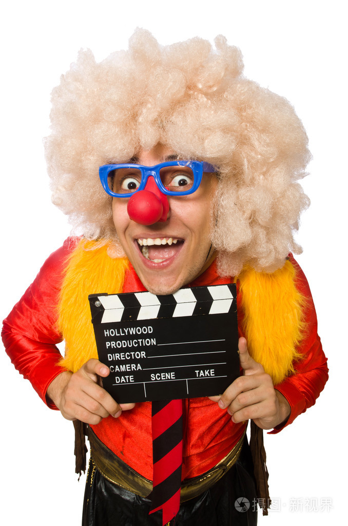 滑稽小丑在有趣的概念上白色孤立