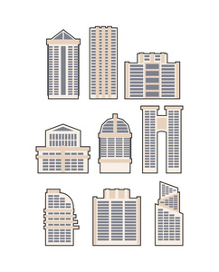 设置摩天大楼和建筑物。 矢量图标。 城市住宅