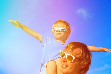 父亲和小儿子在夏日的天空上玩