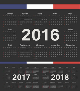 矢量法国黑色圆圈日历到 2016 年，到 2017 年 2018