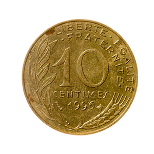 硬币法国孤立在白色背景的十个生丁.顶级六照片