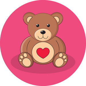 可爱棕色的玩具熊与红色的心。平面设计
