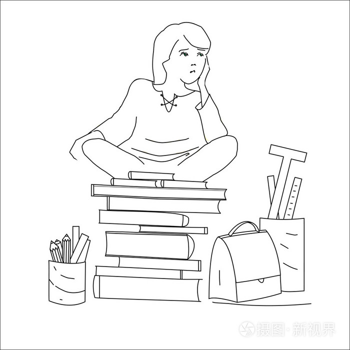 坐在书上的手绘制的卡通学生插画-正版商用图片1k6rp3-摄图新视界