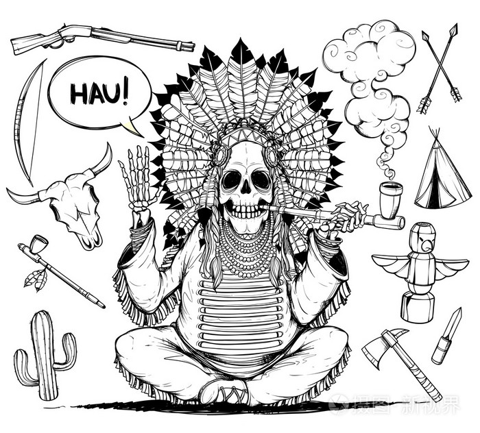 骨架的印第安人酋长和设置与印度相关的对象黑色和白色