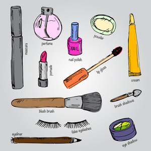 各种化妆产品中的素描样式集。矢量怡乐思