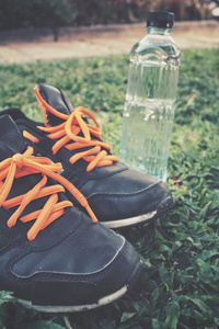 在绿草上喝水的运动鞋