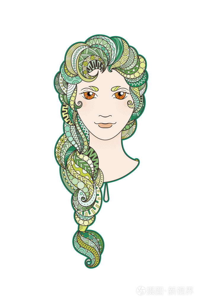 美丽的女孩,与精致图案,zentangle 编织层和明亮的眼睛.矢量肖像