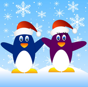 两只企鹅与雪花蓝底白字