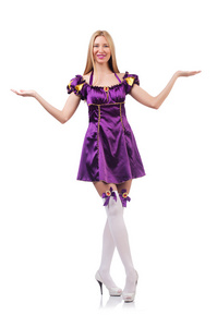 可爱的女孩在紫色舞会礼服上白色孤立