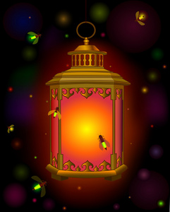 老灯笼暂停.橘黄色的灯光在黑暗中.ramadan.beetles 萤火虫照片