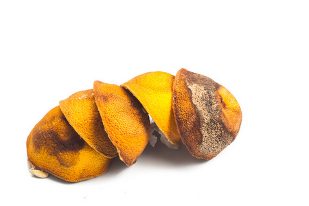 特写的干柠檬柑橘果皮在白色背景