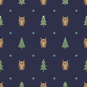 冬季模式不同的圣诞树 猫头鹰和雪花。简单无缝新年快乐背景。寒假在蓝色背景上的矢量设计
