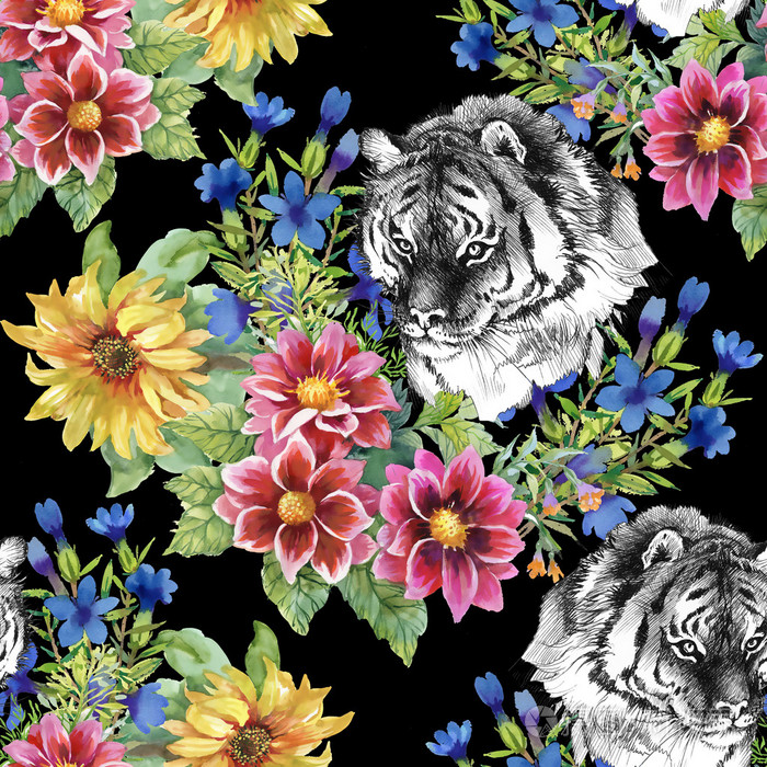 老虎与五彩的花朵图案