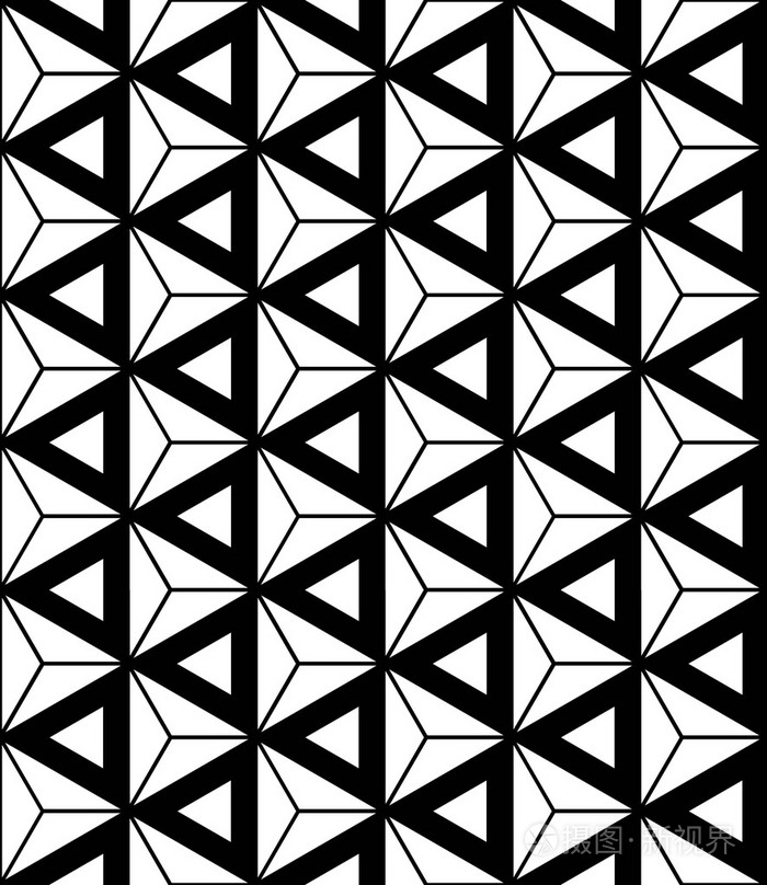 矢量现代无缝神圣几何图案六角形三角形 黑色和白色抽象几何背景 新潮的打印 单色复古纹理 时髦时尚设计插画 正版商用图片1k90ii 摄图新视界