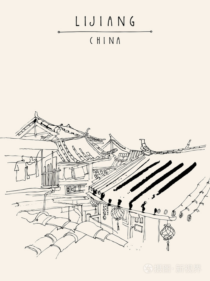 丽江中国传统民居插画-正版商用图片1k94uw-摄图新视界
