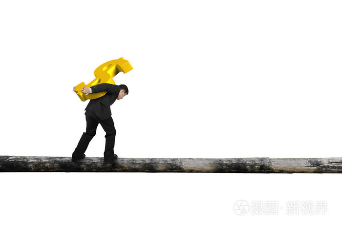 商人携带黄金美元符号在树干上保持平衡