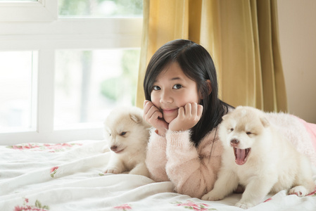 亚洲小姑娘躺着两只哈士奇幼犬图片