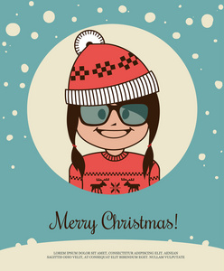 节日贺卡与时髦的女孩红坎塔扎圣诞老人帽子和圣诞毛衫