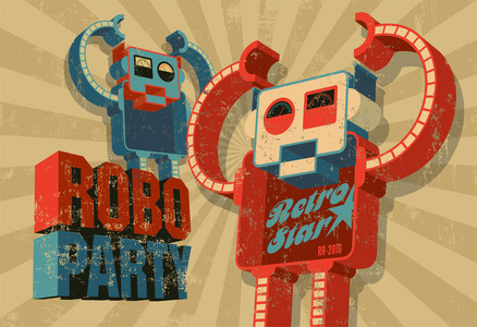 老式 grunge 海报与复古机器人为Roboparty。矢量图