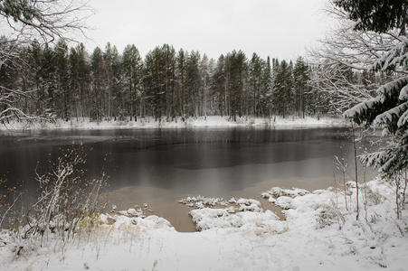 冬季初的森林湖