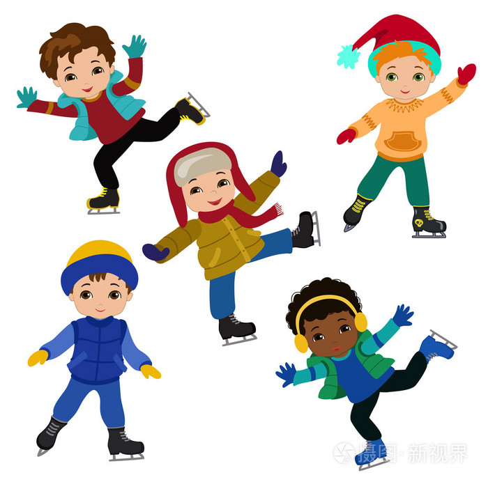 穿着冬装滑冰的有趣男孩被隔离在白色的背上插画-正版商用图片1k9lbb