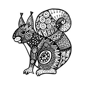 观赏的松鼠，时尚的民族 zentangle 设计，手工绘制的孤立的矢量