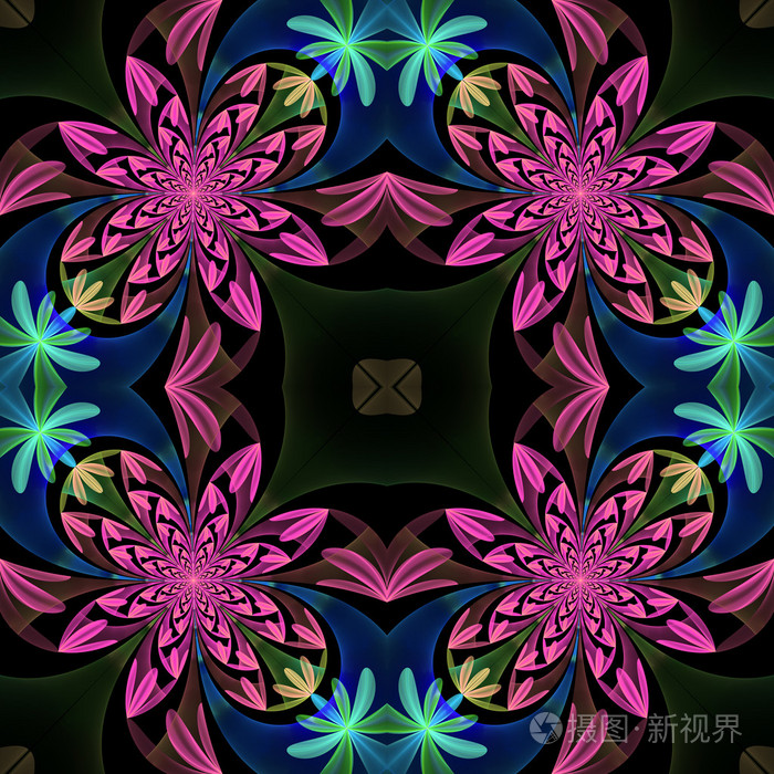 神话般的花瓣的对称图案.蓝色和紫色的苍白