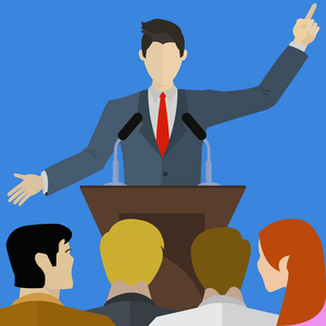可爱的卡通政治家在演讲台上矢量图的演说家发言人发言人演讲者手势