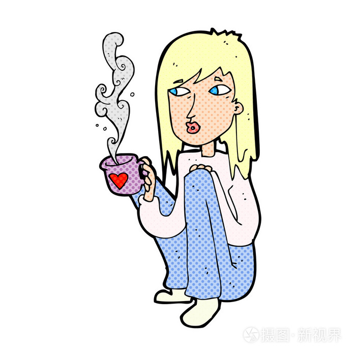 卡通杯咖啡的女人