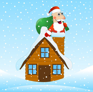房子的屋顶带了一袋礼物的圣诞老人