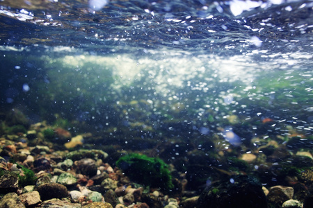 在一条山涧河流水下