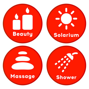 水疗中心图标集  美丽 日光浴室 按摩 淋浴。红色按钮