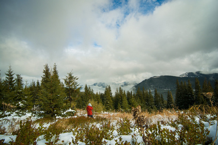 在雪山森林中的旅行者