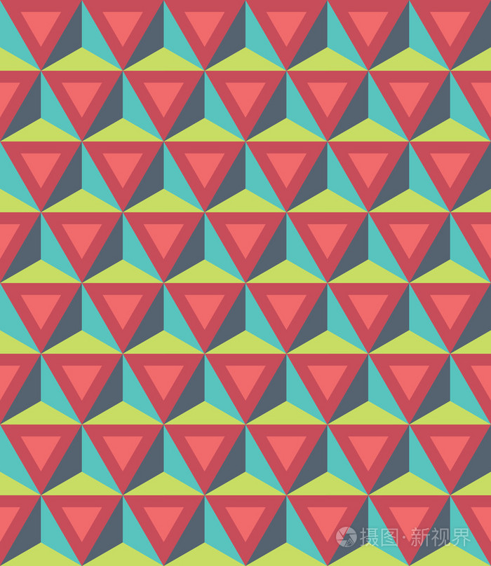 矢量现代无缝彩色几何图案,3d 三角形,色彩抽象几何背景,时尚多彩多姿
