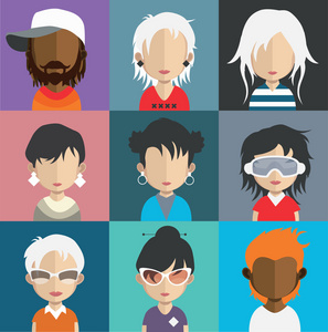 多种族人群的头像收藏为社会媒体网络的年轻白种女孩的拼贴画小组画像