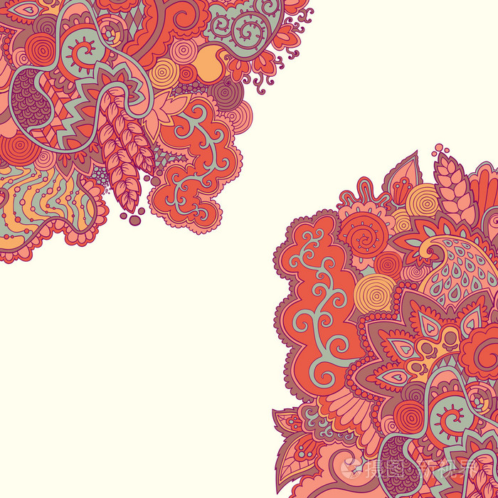 与装饰性植物和华丽的花手矢量绘制多彩涂鸦