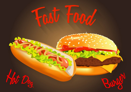 快餐食品矢量图。汉堡包和热狗