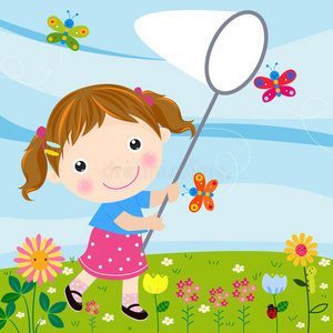 捉蝴蝶的小女孩照片